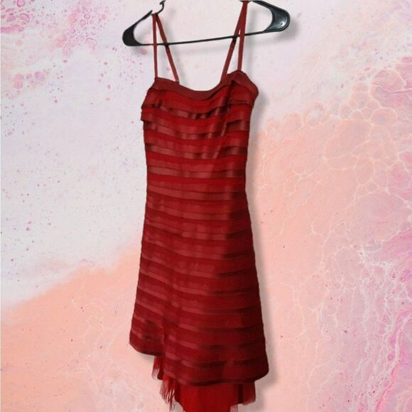 BCBGMax Azria Fit and Flare Layered Silk and Satin Dress in Dark Red sz 0 - Picture 3 of 8